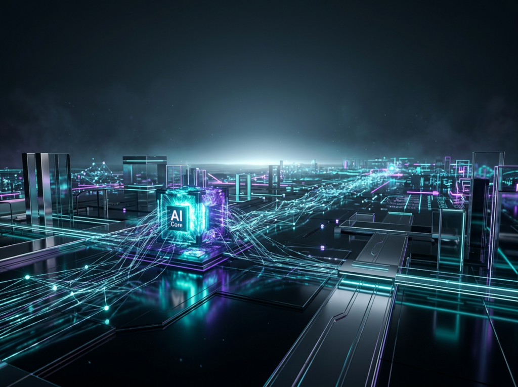 Futuristic 3D digital landscape representing AI search nodes and Answer Engine Optimization (AEO) networks.