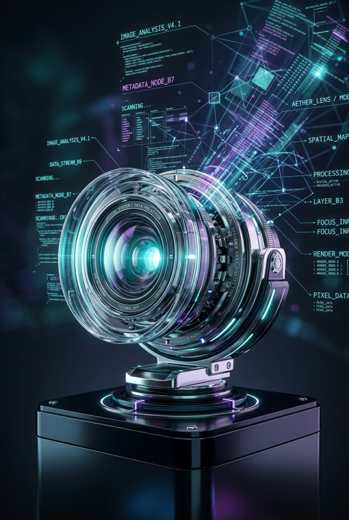 Technical visual lens representing Image Engine Optimization and visual search discovery.